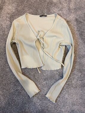 SHEIN Pale Green Ribbed Tie-Front Long Sleeve Top